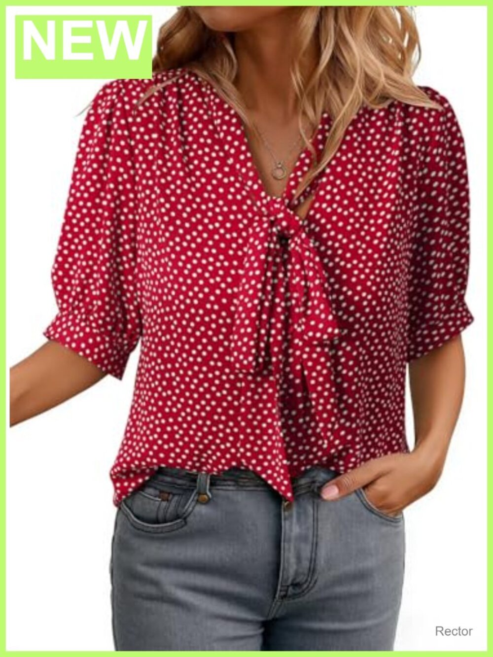 Women's Short Sleeve V-Neck Bow Tie Blouse Polka Dot Work Top